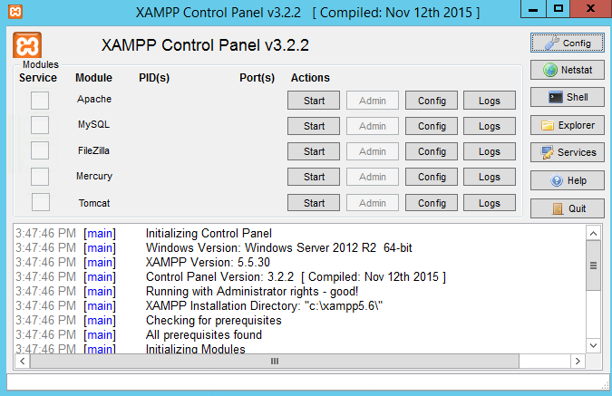 XAMPP Control Panel Interface